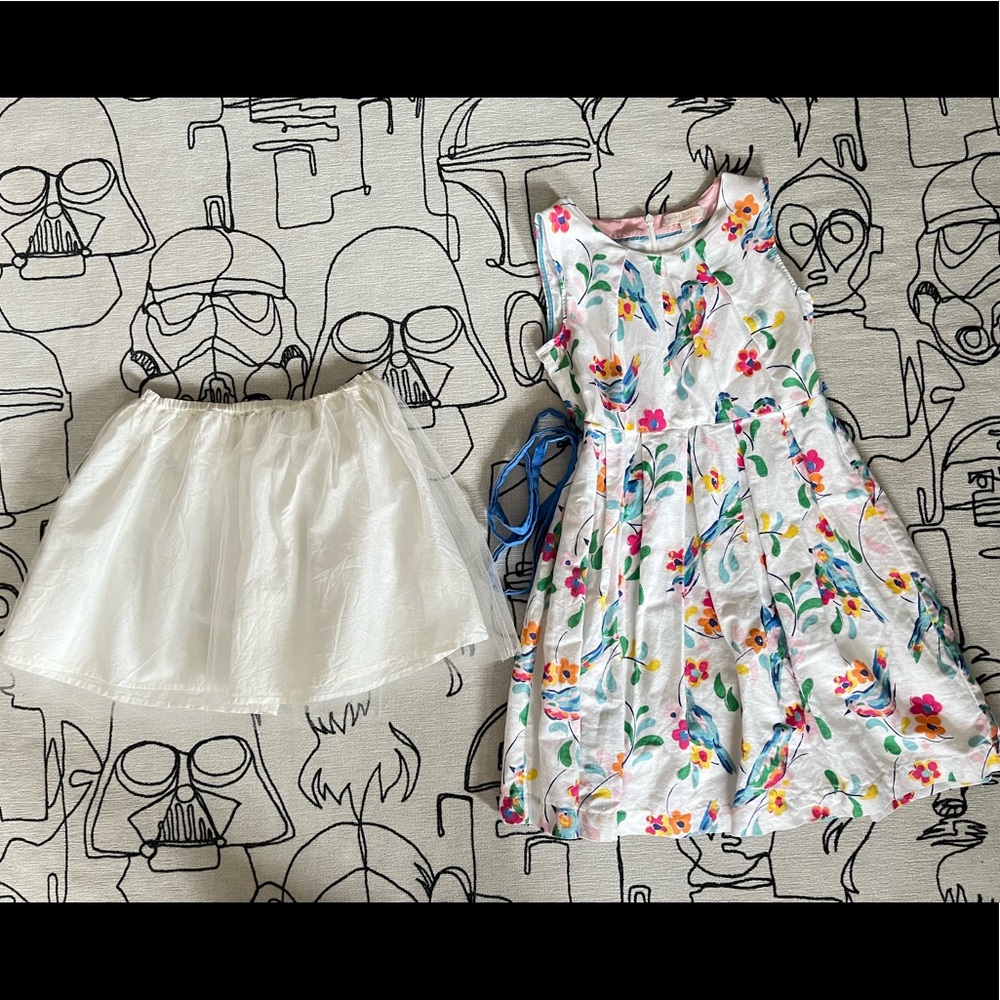 Mini Boden Linen/Cotton Bird Dress with Petticoat sz 9/10